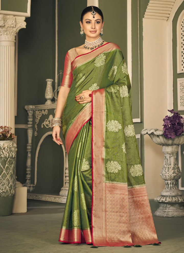 Lassya Fashion Olive Green 
Stylish Tissue Silk Saree with Self-Weaving Butti