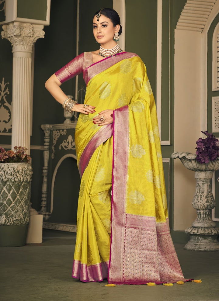 Lassya Fashion Canary Yellow 
Stylish Tissue Silk Saree with Self-Weaving Butti