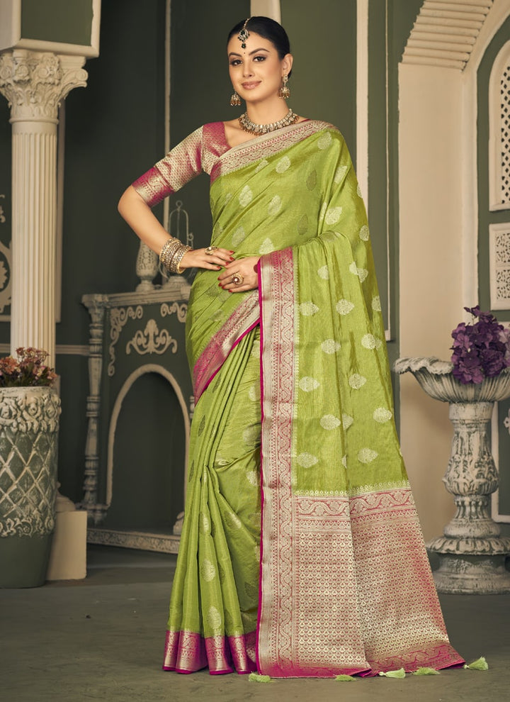 Lassya Fashion Kelly Green Graceful Tissue Silk Saree with All Over Self Weaving Butti