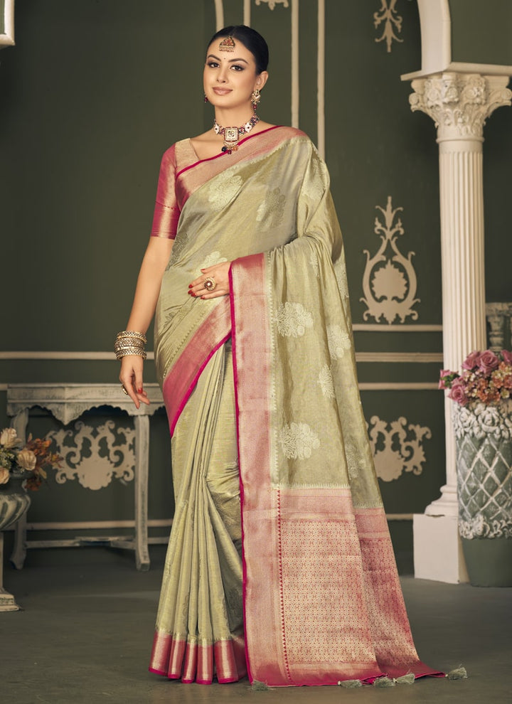 Lassya Fashion Dark Beige 
Stylish Tissue Silk Saree with Self-Weaving Butti