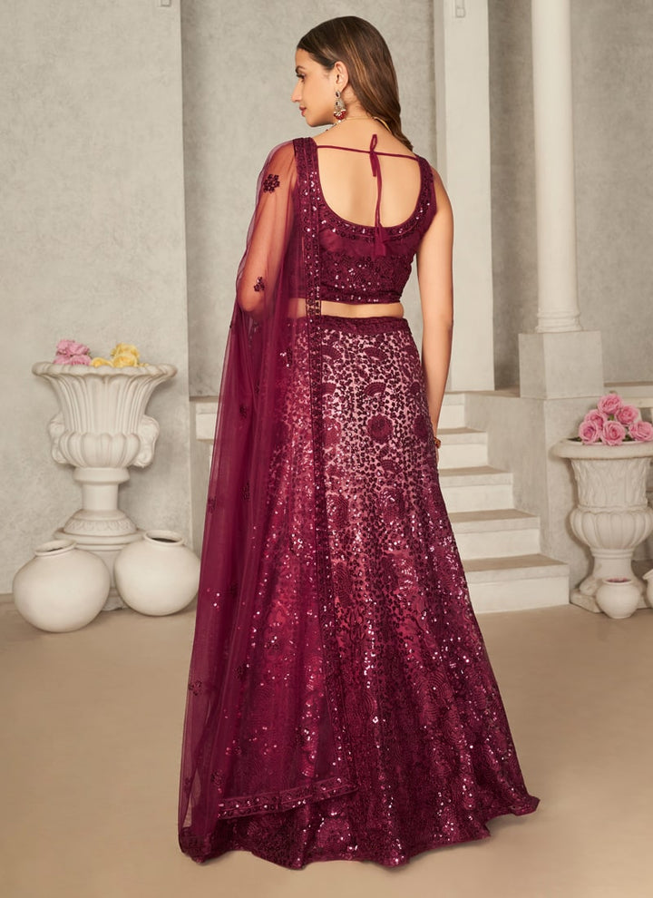 Lassya Fashion Maroon Fancy Sequins Net Lehenga Choli Set with Net Dupatta