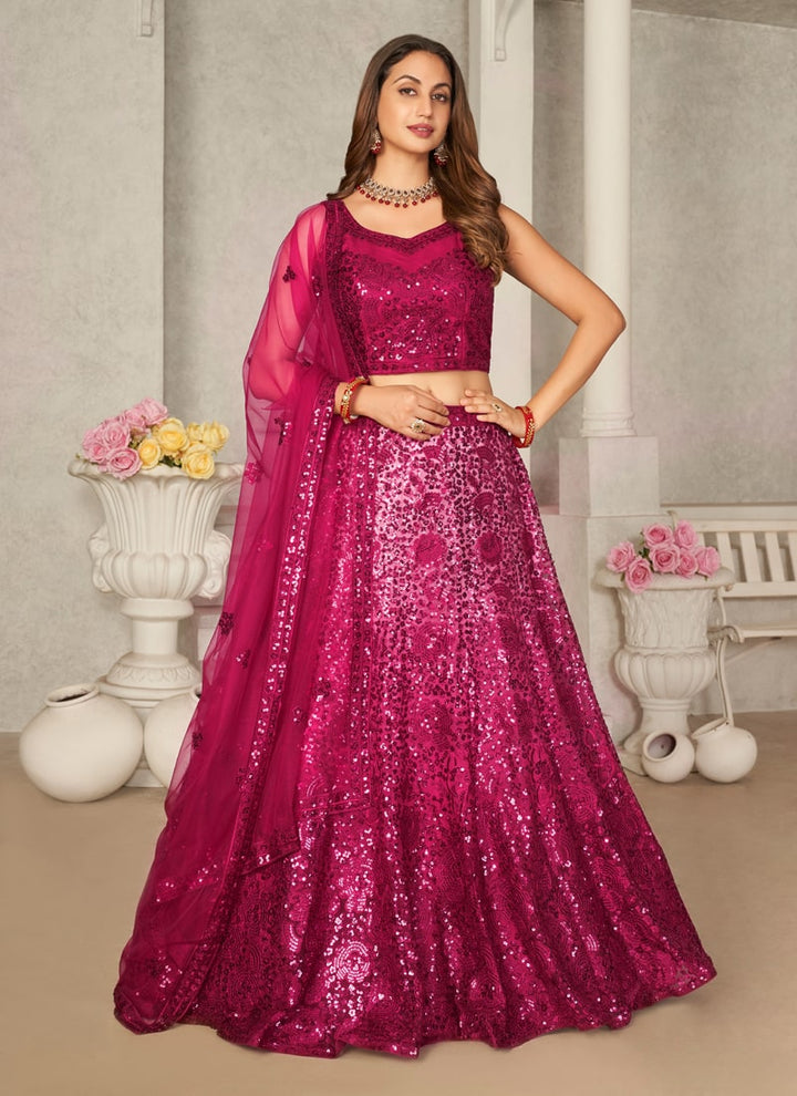 Lassya Fashion Magenta Pink Fancy Sequins Net Lehenga Choli Set with Net Dupatta
