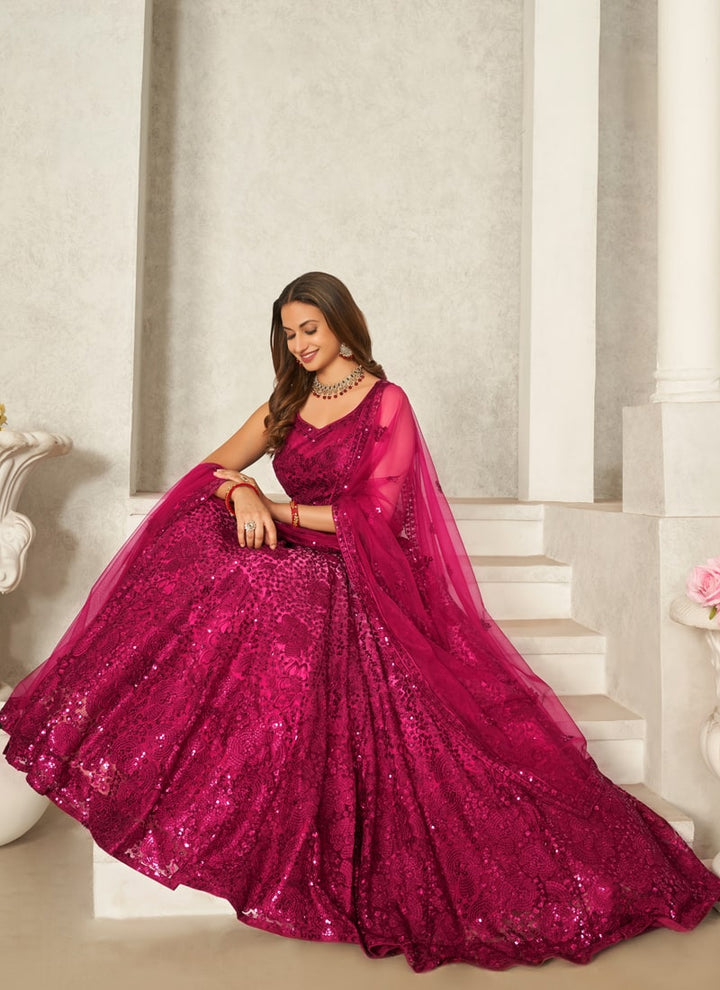 Lassya Fashion Magenta Pink Fancy Sequins Net Lehenga Choli Set with Net Dupatta