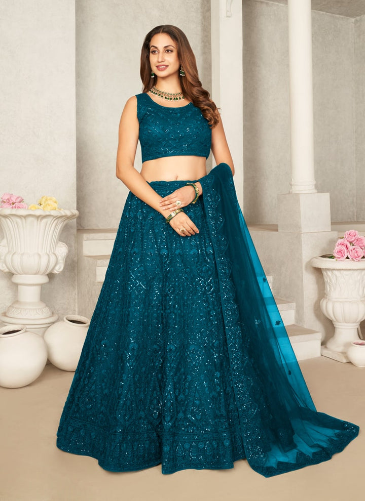 Lassya Fashion Teal Blue Elegant Sequins Net Lehenga Choli With Net Dupatta