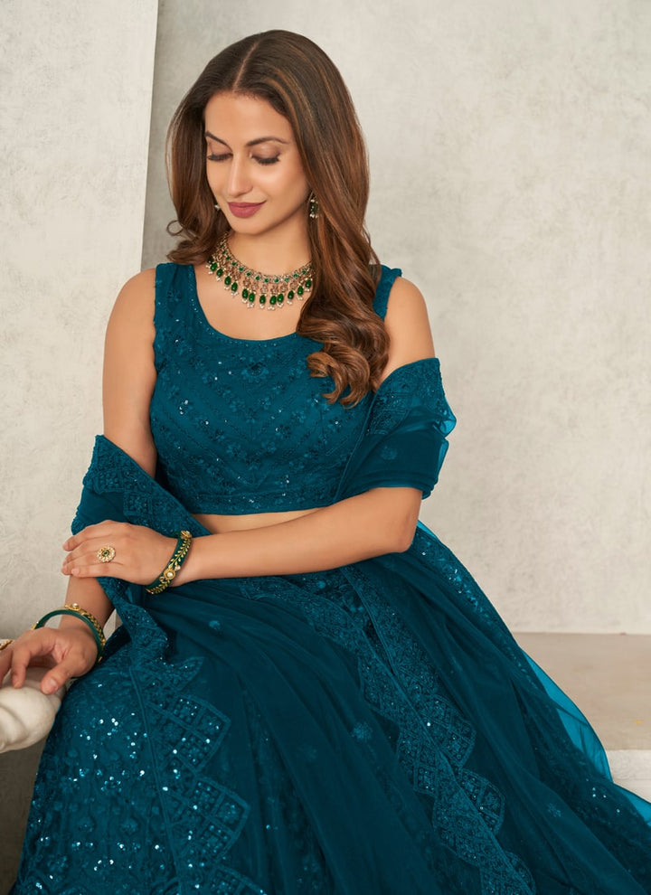 Lassya Fashion Teal Blue Elegant Sequins Net Lehenga Choli With Net Dupatta