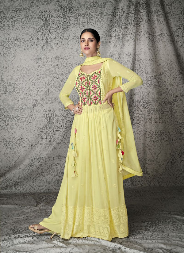 Blonde Yellow Long Georgette Top With Plazzo and Silk Dupatta.