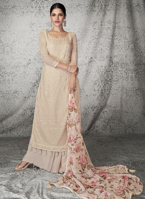 Ivory Cream Long Georgette Top With Plazzo and Silk Dupatta.