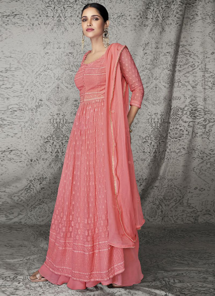 Rose Pink Long Georgette Top With Plazzo and Silk Dupatta.