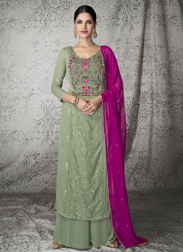 Emerald Green Long Georgette Top With Plazzo and Silk Dupatta.