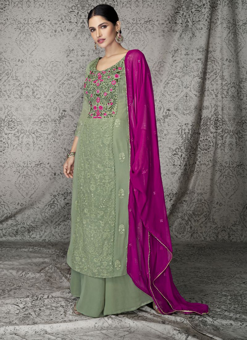 Emerald Green Long Georgette Top With Plazzo and Silk Dupatta.