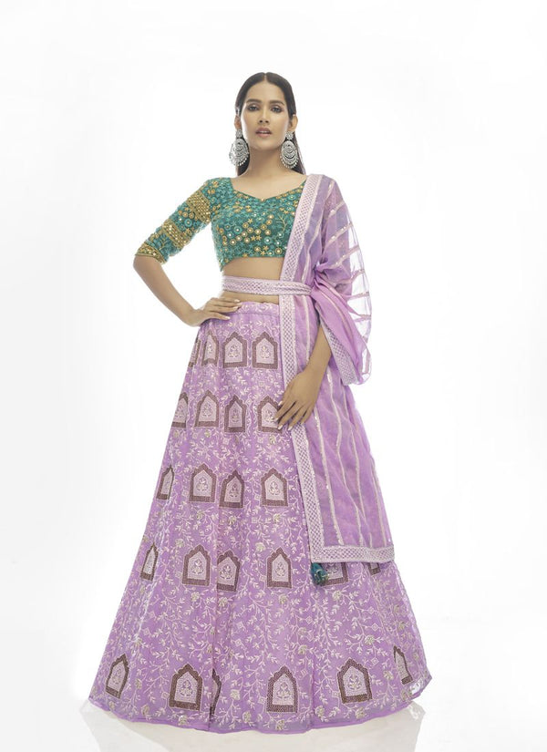 Lilacs blue and Green Partywear Designer Lehenga With Georgette Fancy Dupatta