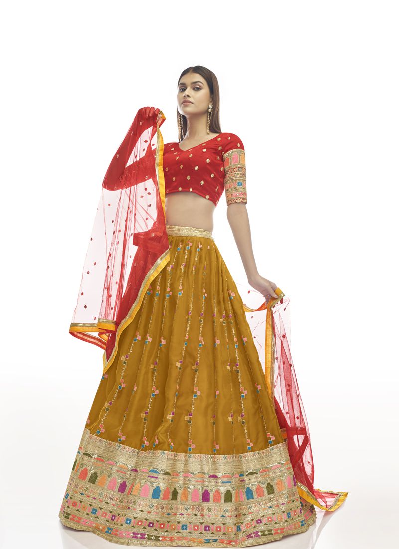 Musterd Yellow and Red Partywear Designer Lehenga With Georgette Fancy Dupatta.