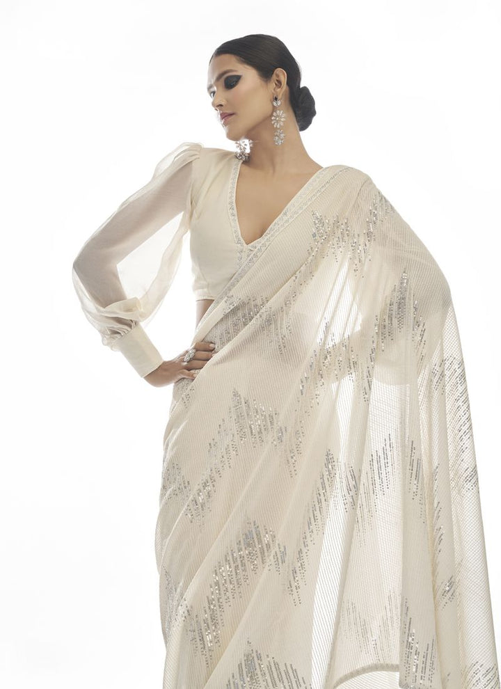 Daisy White Embellished Sequinned Georgette Saree With Blouse.