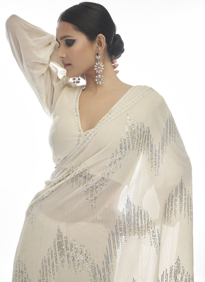 Daisy White Embellished Sequinned Georgette Saree With Blouse.