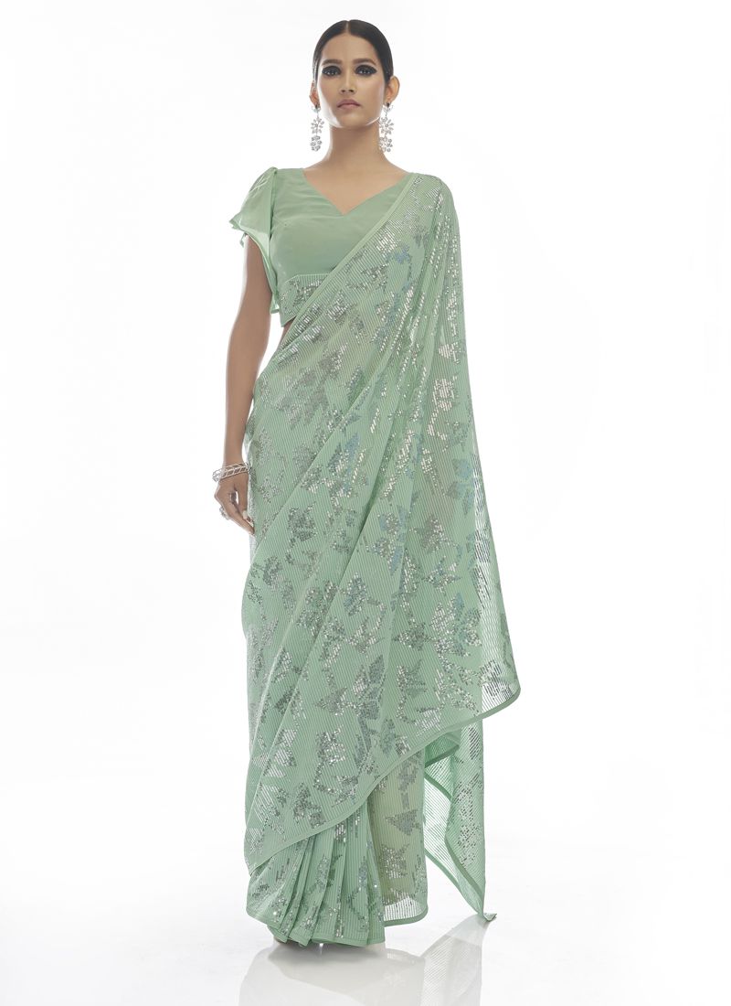 Sea Green Embellished Sequinned Georgette Saree With Blouse.