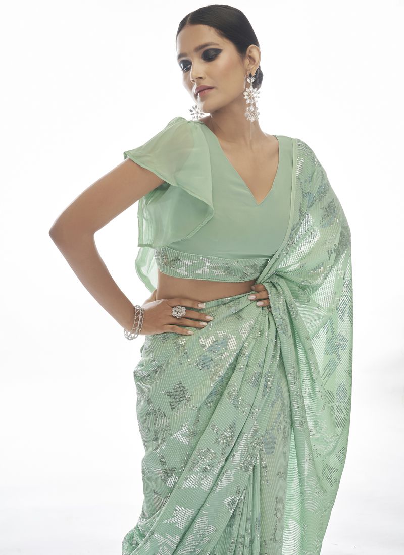 Sea Green Embellished Sequinned Georgette Saree With Blouse.