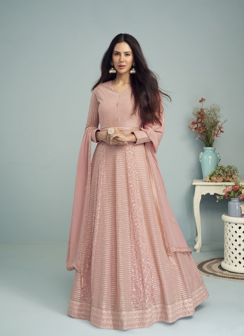 Baby Pink Color Women Festive Wear Embroidered Long Gown.