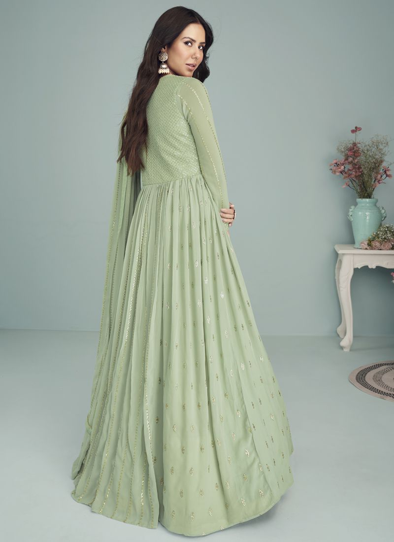 Olive Green Color Women Festive Wear Embroidered Long Gown.