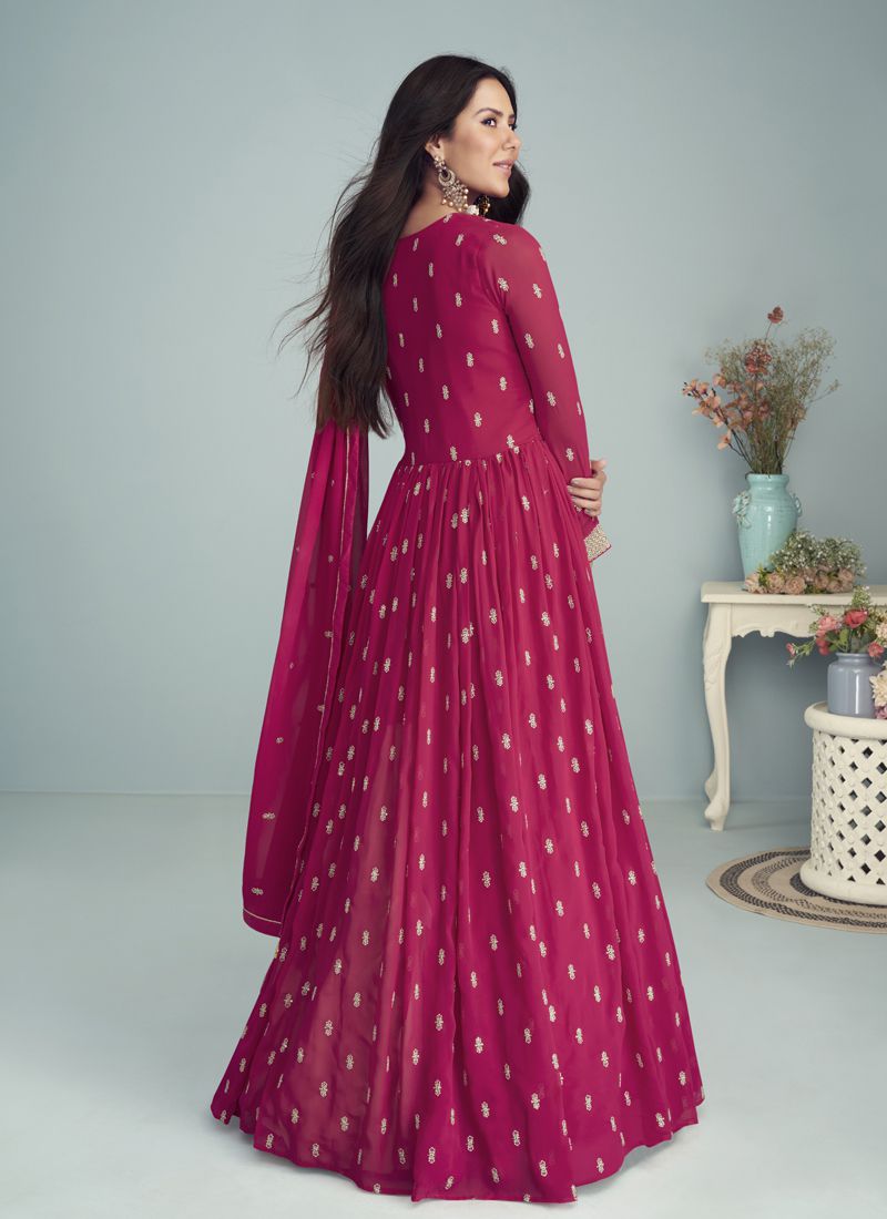 Rose Pink Color Women Festive Wear Embroidered Long Gown.