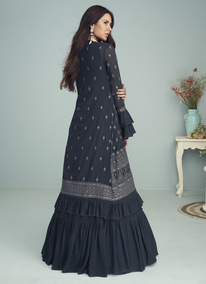Jet Black Color Women Festive Wear Embroidered Long Gown.
