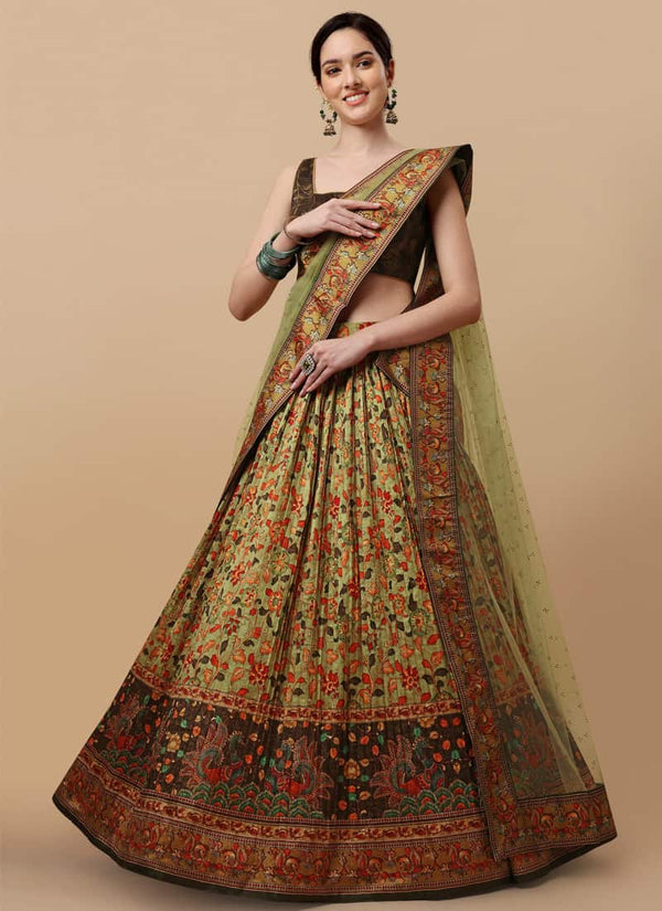 Pista Green Designer Paithani Silk Floral Digital Print Lehenga Choli