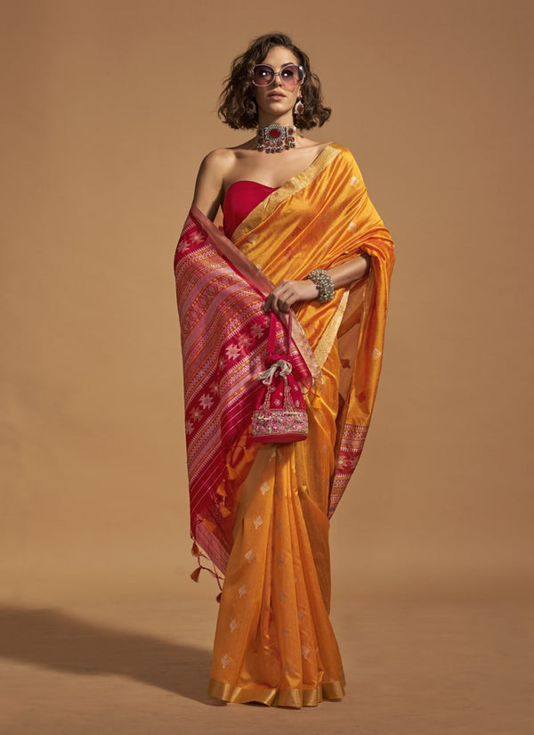 Lassya Fashion Royal Orange Elegant Handloom Silk Saree and Blouse Set