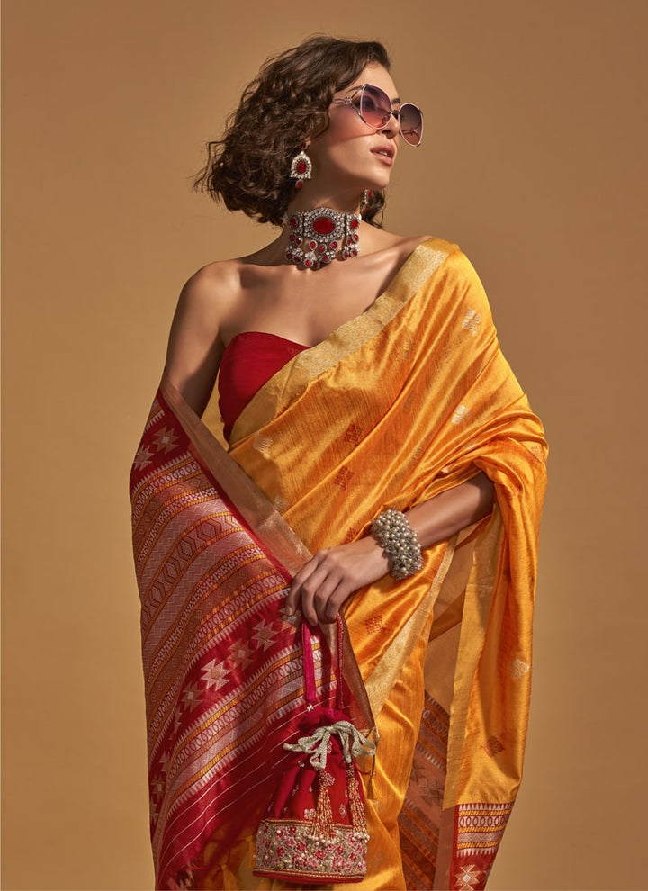 Lassya Fashion Royal Orange Elegant Handloom Silk Saree and Blouse Set