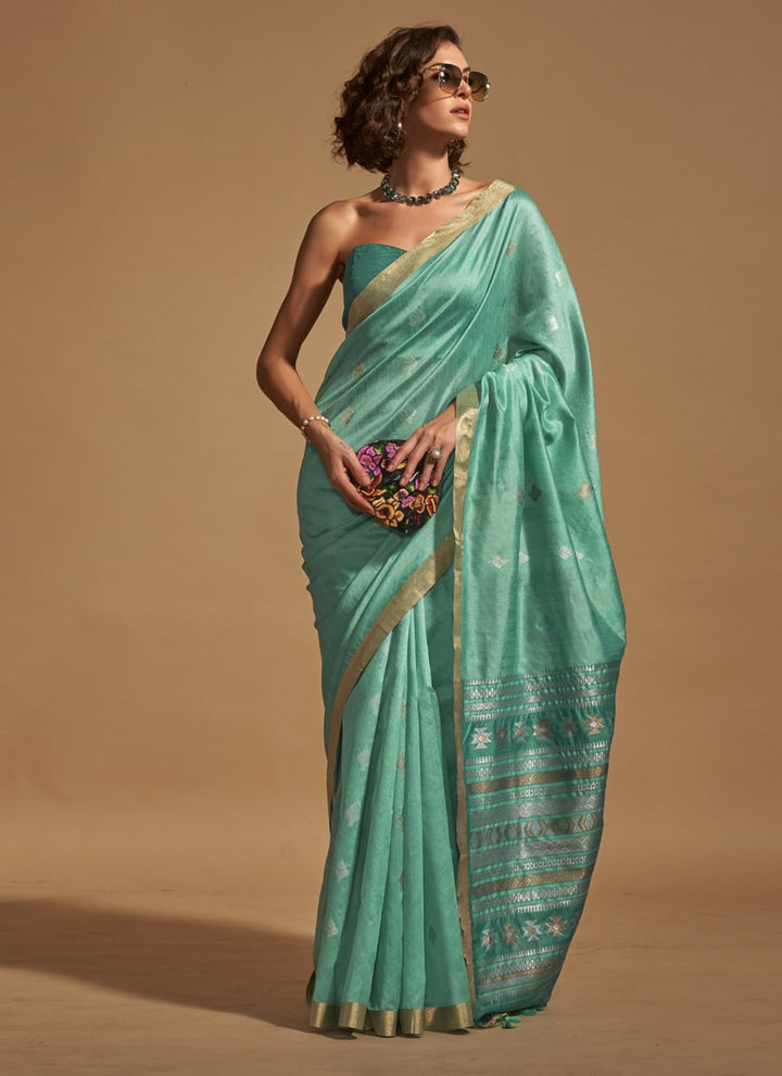 Lassya Fashion Sea Green Elegant Handloom Silk Saree and Blouse Set