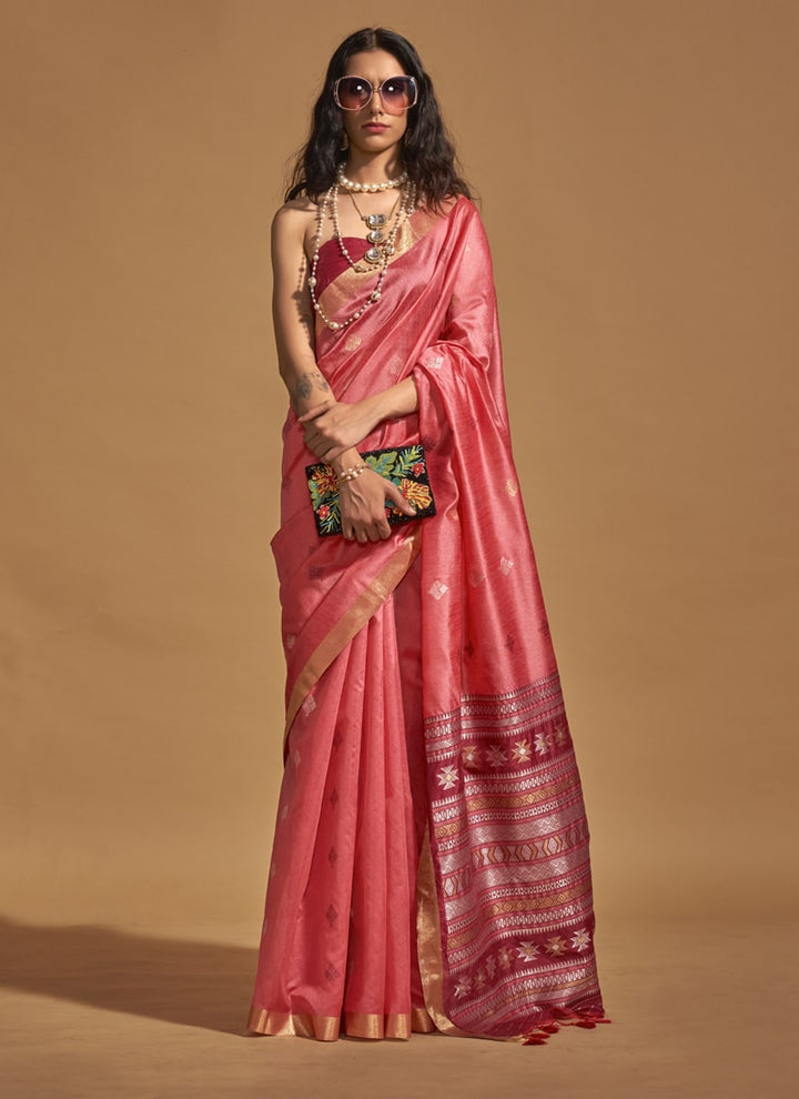 Lassya Fashion Candy Pink Elegant Handloom Silk Saree and Blouse Set