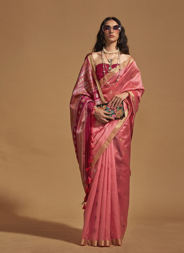 Lassya Fashion Candy Pink Elegant Handloom Silk Saree and Blouse Set