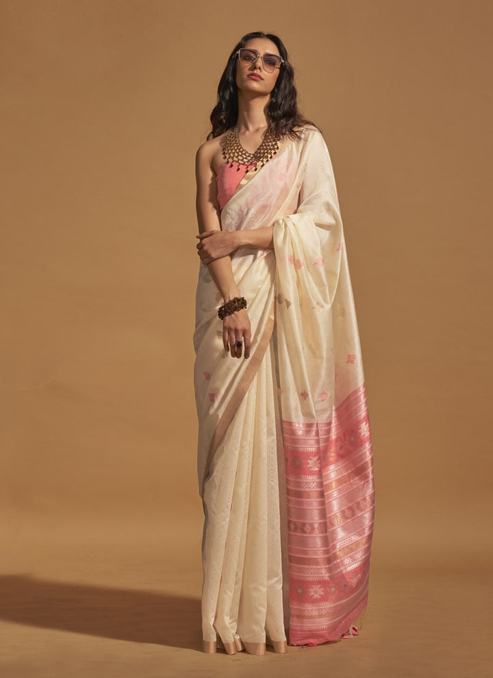 Lassya Fashion Beige Cream Elegant Handloom Silk Saree and Blouse Set