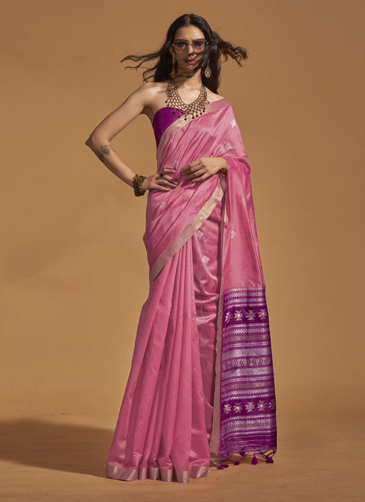 Lassya Fashion Rose Pink Elegant Handloom Silk Saree and Blouse Set