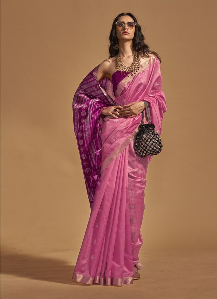 Lassya Fashion Rose Pink Elegant Handloom Silk Saree and Blouse Set