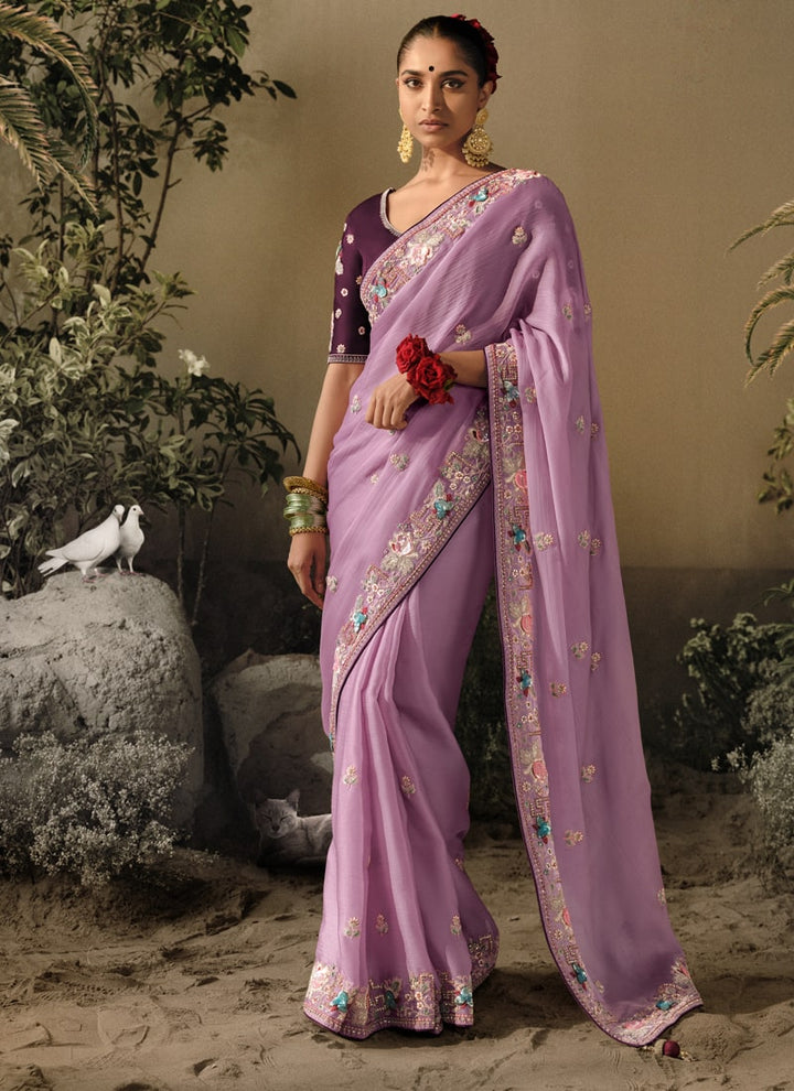 Lassya Fashion Lavender Exquisite Embellished Wedding Saree with Heavy Border Work