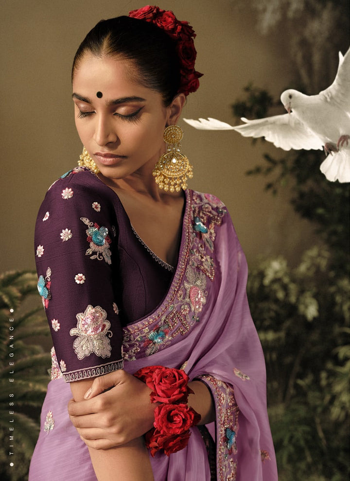 Lassya Fashion Lavender Exquisite Embellished Wedding Saree with Heavy Border Work