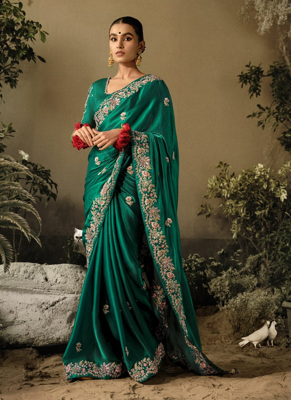 Lassya Fashion Bottle Green Exquisite Embellished Wedding Saree with Heavy Border Work