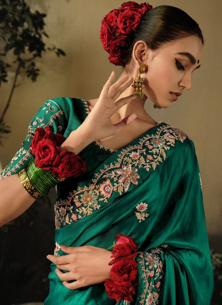Lassya Fashion Bottle Green Exquisite Embellished Wedding Saree with Heavy Border Work