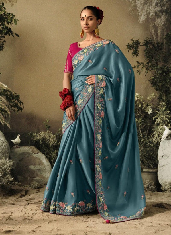 Lassya Fashion Teal Green Exquisite Embellished Wedding Saree with Heavy Border Work