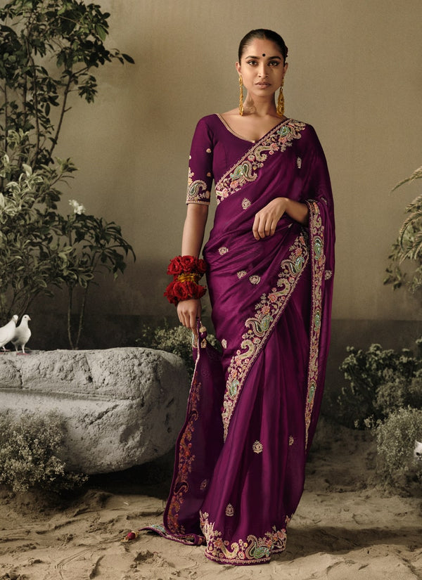 Lassya Fashion Purple Wine Exquisite Embellished Wedding Saree with Heavy Border Work