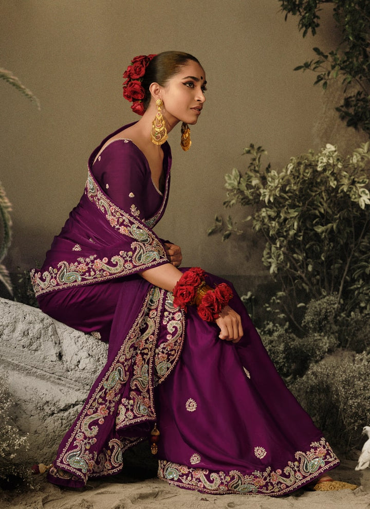 Lassya Fashion Purple Wine Exquisite Embellished Wedding Saree with Heavy Border Work