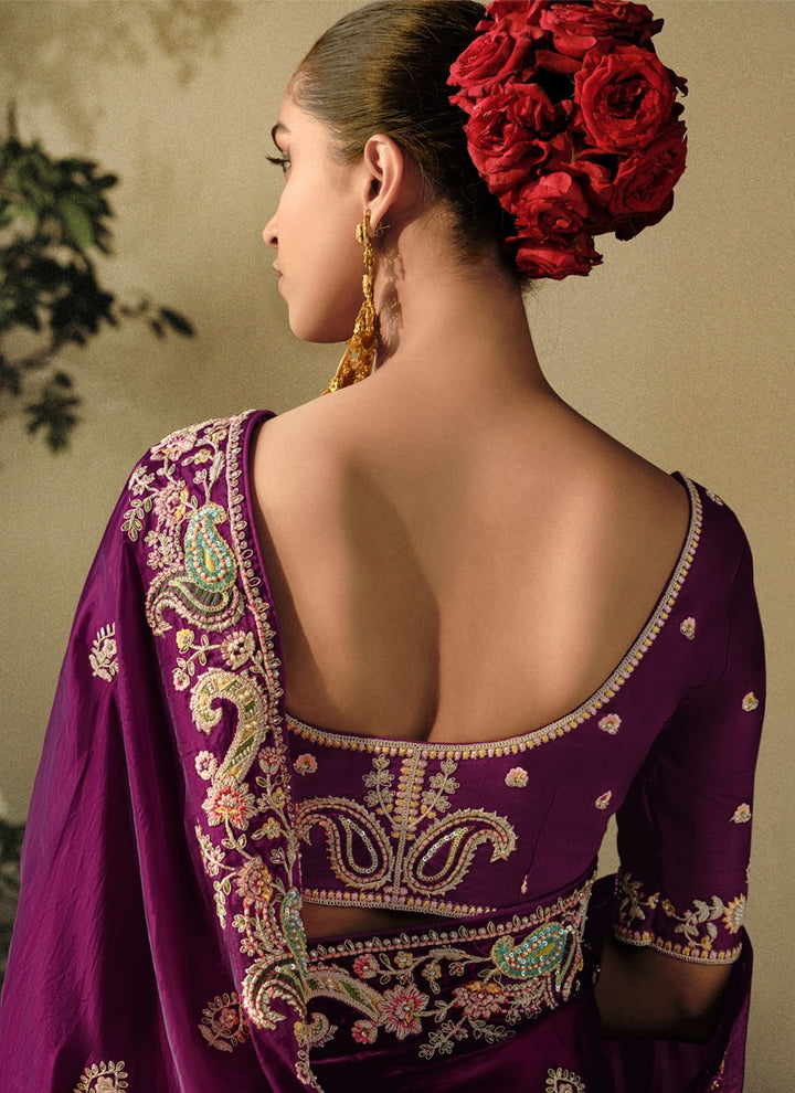 Lassya Fashion Purple Wine Exquisite Embellished Wedding Saree with Heavy Border Work