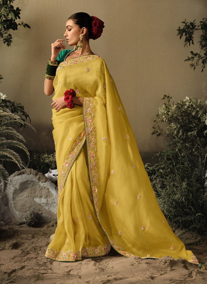 Lassya Fashion Mustard Yellow Exquisite Embellished Wedding Saree with Heavy Border Work