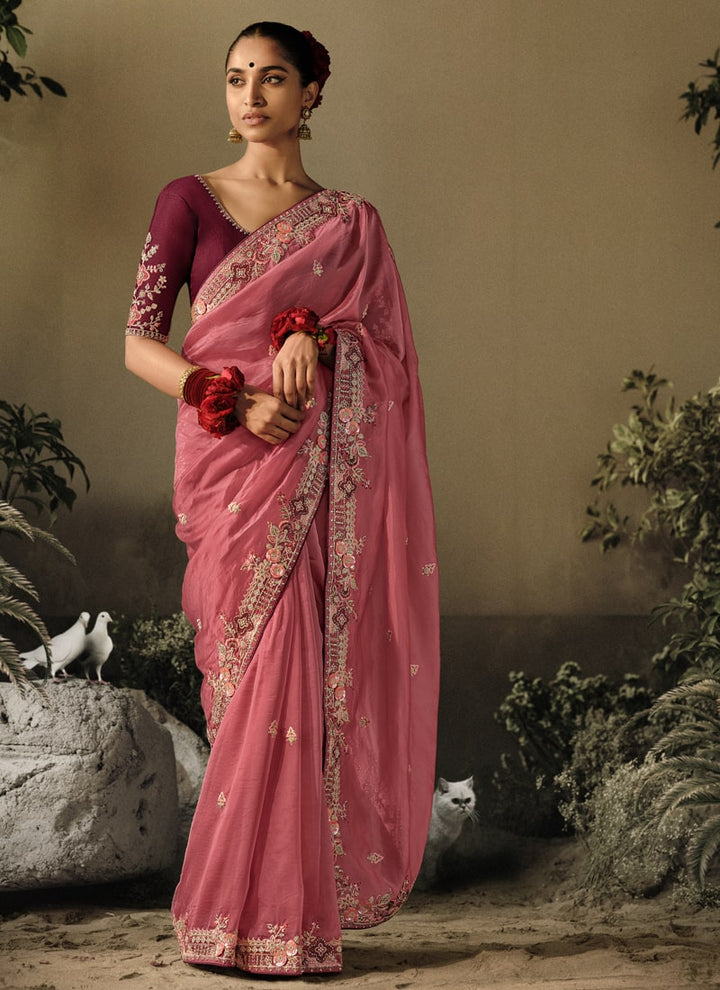 Lassya Fashion Coral Red Exquisite Embellished Wedding Saree with Heavy Border Work
