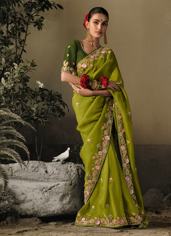 Lassya Fashion Olive Green Exquisite Embellished Wedding Saree with Heavy Border Work