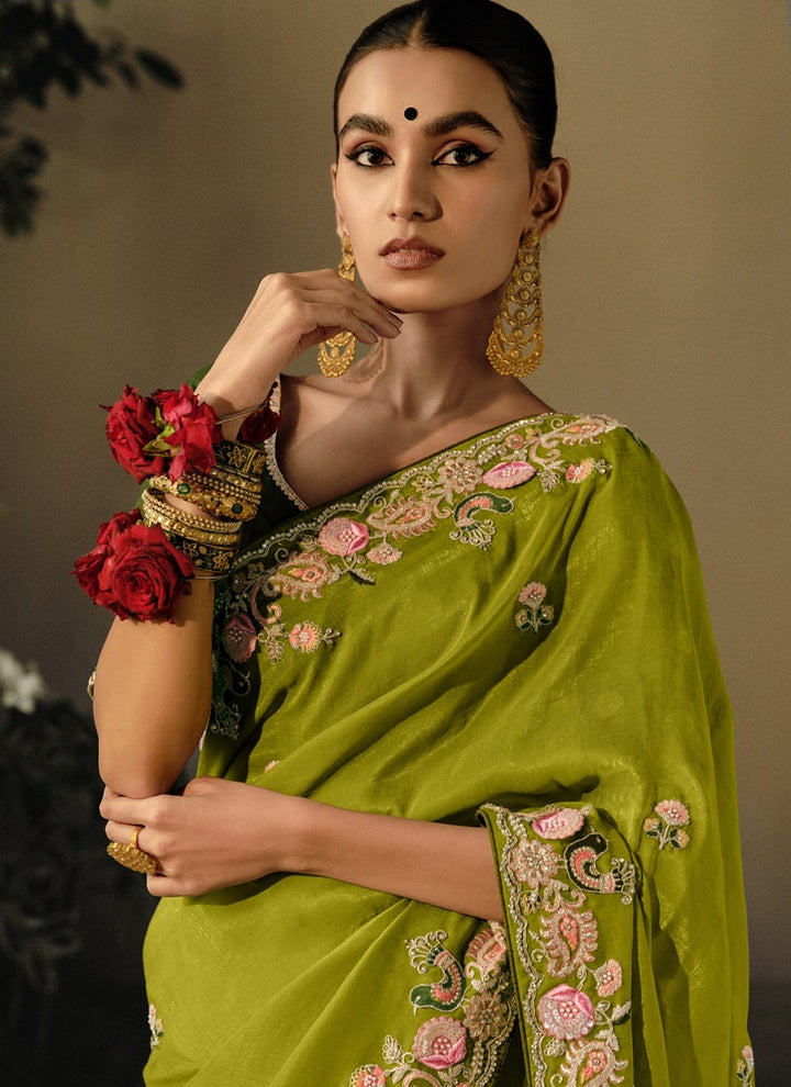 Lassya Fashion Olive Green Exquisite Embellished Wedding Saree with Heavy Border Work