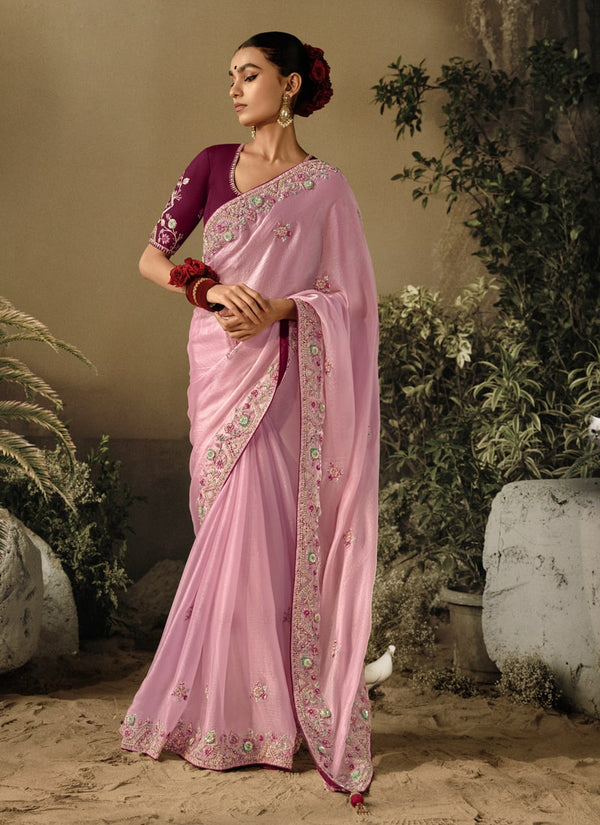 Lassya Fashion Baby Pink Exquisite Embellished Wedding Saree with Heavy Border Work