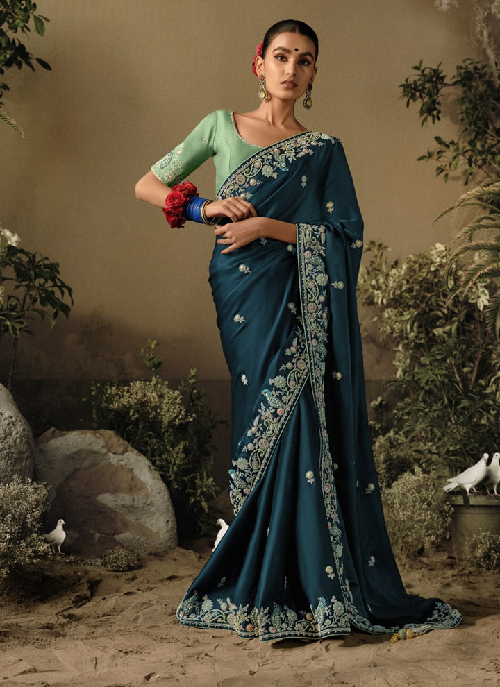 Lassya Fashion Cobalt Green Exquisite Embellished Wedding Saree with Heavy Border Work