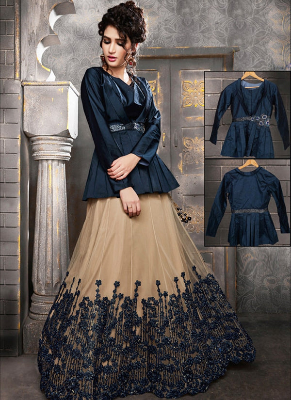 Lassya Fashion Navy Blue Chic Indo-Western Party Ensemble with Top and Skirt