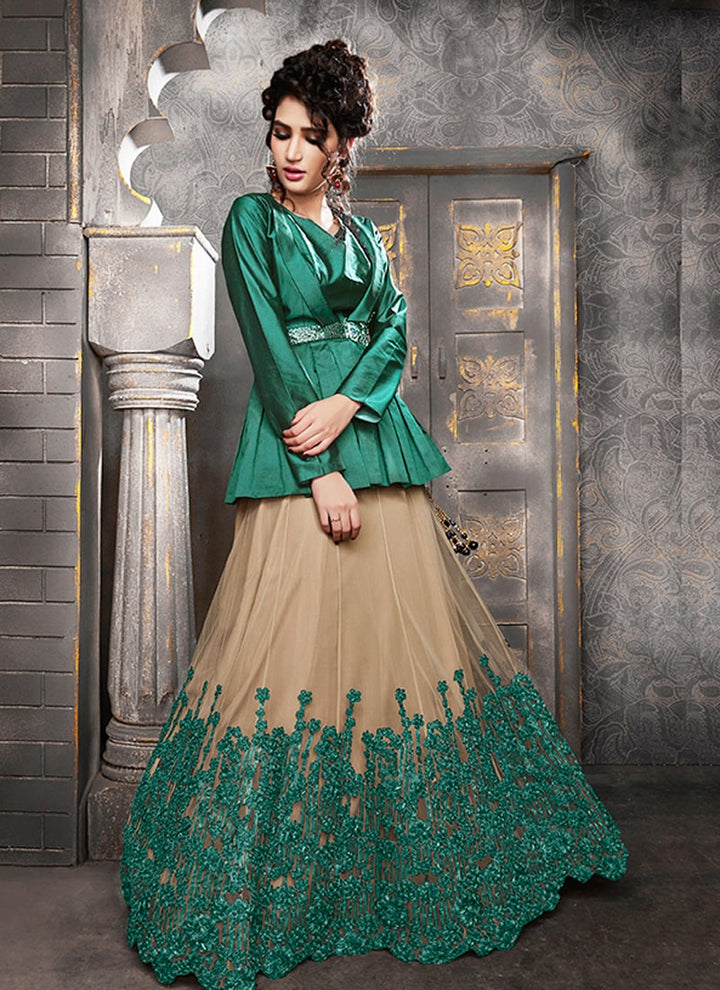Lassya Fashion Rama Green Chic Indo-Western Party Ensemble with Top and Skirt