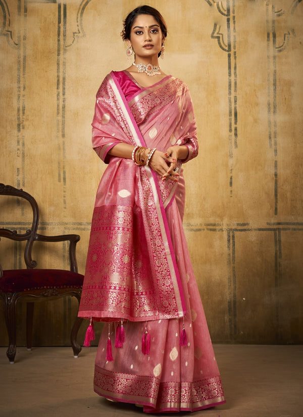 Lassya Fashion Rose Pink Classic Banarasi Silk Saree and Blouse Set